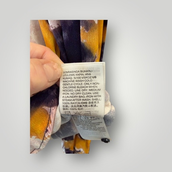 & Other Stories Abstract Tie Dye Bow Neck Blouse Mustard Navy Womens Size 8 - Picture 4 of 8